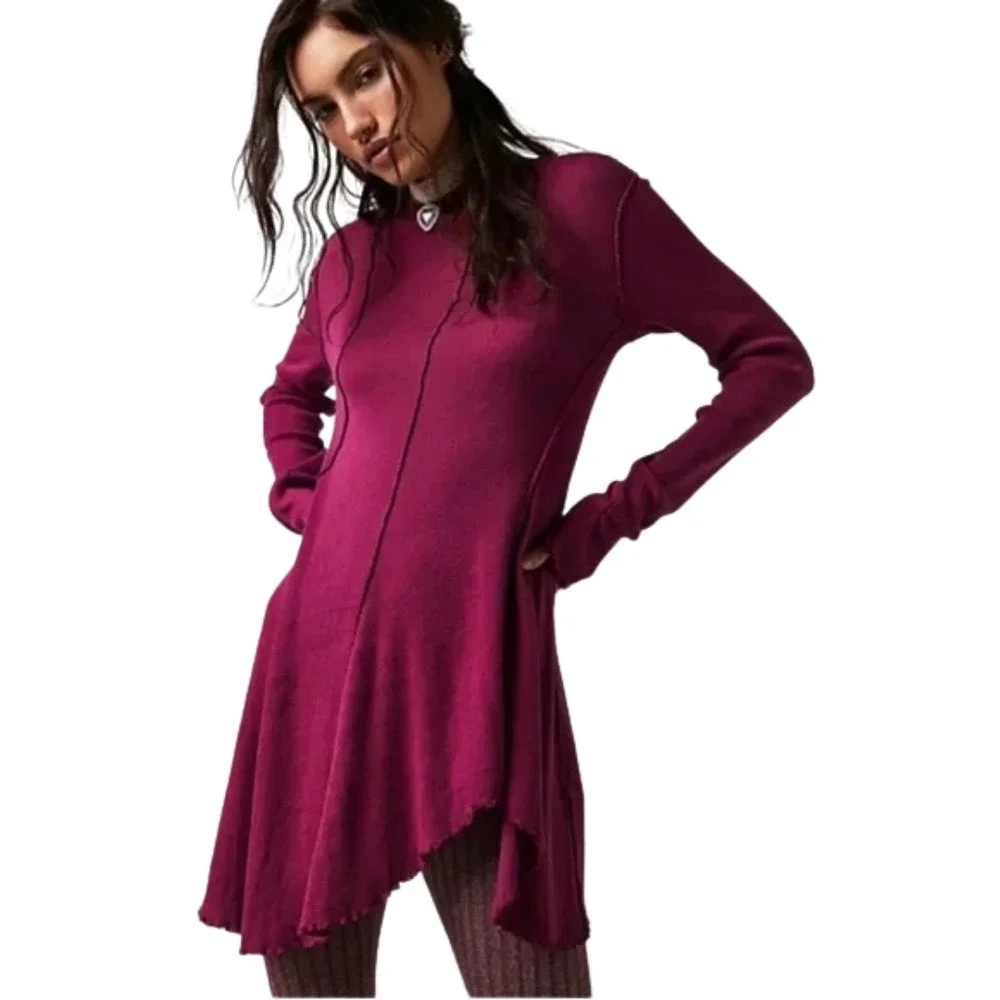 Free People Top‎ Womens XS Fuscia Pink Full Swing Tunic Ribbed Asymmetrical Boho